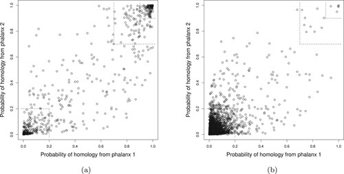 Figure 5. Training data 10-fold CV LR probability of homology from phalanx 1 versus phalanx 2 for phalanx formation minimizing RKL: (a) homologous and (b) non-homologous proteins proteins in the training data. In the smaller and larger top-right corners, the probabilities of homology from both phalanxes are greater than 0.90 and 0.70, respectively; whereas in the bottom-left corner, the probabilities are less than 0.20.