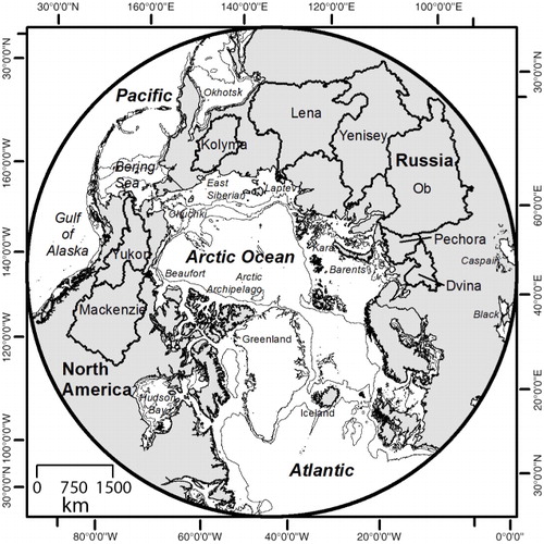 Fig. 2  Major oceanic basins, major rivers and watersheds corresponding to names and basins listed in Supplementary Table S1. The 50-, 100- and 1000-m bathymetric contour levels are shown (from the General Bathymetric Chart of the Oceans, one-minute grid, version 2 (Jakobsson et al. Citation2008). Drainage areas are based on Vorosmarty et al. (Citation2000a, Citationb).
