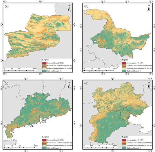 Figure 5. Confidence values for the results of fusing four land cover products. Note that the confidence value for each pixel was defined as the highest weighted votes calculated by the weighted majority voting algorithm. (a) Northern Xinjiang region; (b) Heilongjiang Province; (c) Guangdong Province; (d) Beijing-Tianjin-Hebei region.