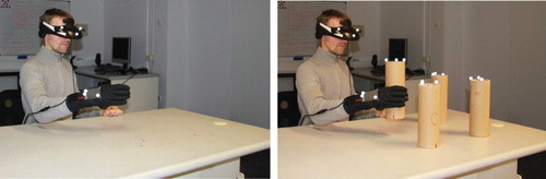 Figure 2. The workstation presenting a simulated work performed without real objects (left side) and with real objects (right side) (Photo: Grabowski A.)