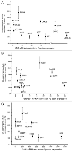 Figure 5. Correlation between expression of Gli1, SHH and Patched1 mRNA and reporter gene enhancement. The relative amount of mRNA was determined by normalization of each mRNA amount of Gli1 (A), Patched1 (B) and SHH (C) and to the corresponding amount of β-actin in each sample. Open squares in part C indicate that the amount of SHH mRNA in these samples were below the used standard curve (less than 100 copies). Table 3