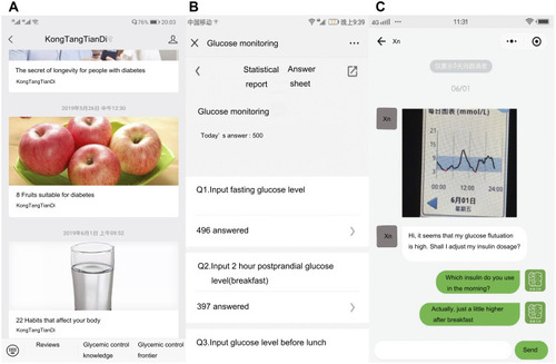 Figure 1 The screen captures to show how the KongTangTianDi WeChat public account works. (A) The platform module: diabetic frontier information and lifestyle guidance; (B) registration and update of the child’s health records; (C) real-time online consultation.