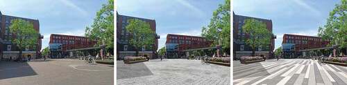 Figure 5. Bastiaansplein current situation (L) and design alternatives (M/R). Surface of the ground was changed, urban furniture and green elements were added.