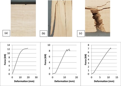 Figure 1. Failure mechanisms: (a) compression fibre crushing, (b) along-grain splitting on tension side, and (c) sudden tensile fibre rupture.