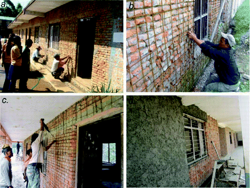 Figure 11. Retrofitting of school buildings in progress: (a) Gorakhnath Secondary School, Kirtipur, Kathmandu (jacketing on the wall with steel reinforcement), (b) Janaudah Lower Secondary School, Lalitpur district, Kathmandu valley (close view of steel reinforcement placing), (c) Chundevi Higher Secondary School, Kathmandu (steel reinforcement anchoring to the wall), (d) Saraswati Secondary School in Thecho, Lalitpur district, Kathmandu valley (micro concreting after steel reinforcement).