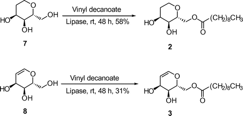 Scheme 2. Synthesis of 6-O-decanoyl-1,2-dideoxy-D-allose (2) and 6-O-decanoyl-1,2-didehydro-1,2-dideoxy-D-allose (3).