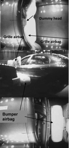 Fig. 2 External airbags interaction with vehicle structure and crash dummy.