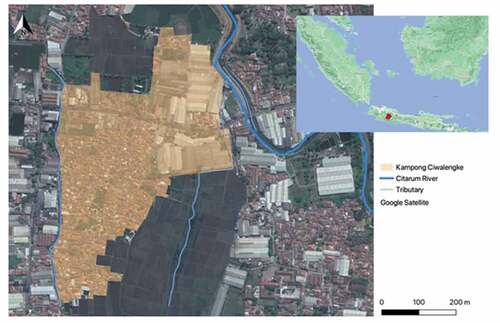 Figure 1. Location of the study area Kampong Ciwalengke in the upper Citarum river basin (upper basin shown in the red area in inset), Java Island, Indonesia. The kampong is a typical suburban area, located between paddy fields (darker patches north and south) and industry (brighter bigger rooftops).