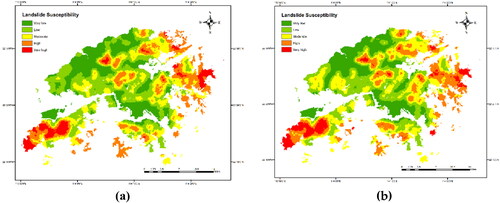 Figure 12. Landslide susceptibility mapping result. (a) is generated using 12 features, (b) is generated using screened seven features.