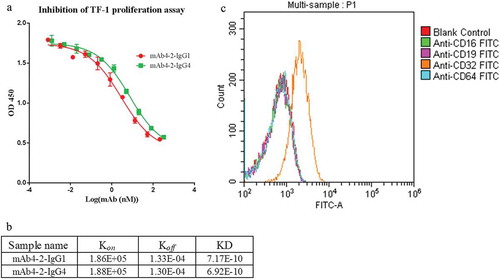 Figure 3. The mAb4-2 potency of suppressing TF-1 proliferation depends upon the antibody’s Fc. (a) after serial dilution, mAb4-2-IgG1 and mAb4-2-IgG4, the antibody with either IgG1 or IgG4 heavy chain were added to TF-1 cells in the presence of IL-4; (b) the equilibrium dissociation constants (KD) of mAb4-2-IgG1 and mAb4-2-IgG4 for IL-4Rα were obtained using Biacore; (c) FcγRs on the surface of TF-1 cells were identified by FACS using FITC-labeled anti-CD16, anti-CD32, and anti-CD64 specific antibodies. FITC-labeled anti-CD19 serves as negative control.