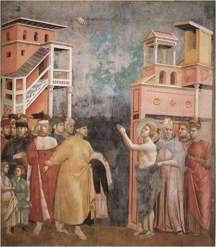 Figure 4. Saint Francis renouncing his father (5), fresco in the Upper Church of the Saint Francis Basilica in Florence, Italy (1288–1297). Source: Wikimedia Commons. Retrieved from https://commons.wikimedia.org/wiki/Saint_Francis_cycle_in_the_Upper_Church_of_San_Francesco_at_Assisi#/media/File:Giotto_-_Legend_of_St_Francis_-_-05-_-_Renunciation_of_Wordly_Goods.jpg [3 June 2021].