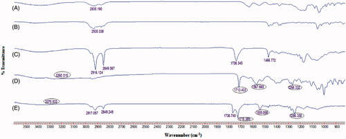 Figure 2. FTIR spectra of (A) sodium taurocholate, (B) cholesterol, (C) span 60, (D) natamycin and (E) NBG 2 formulation.