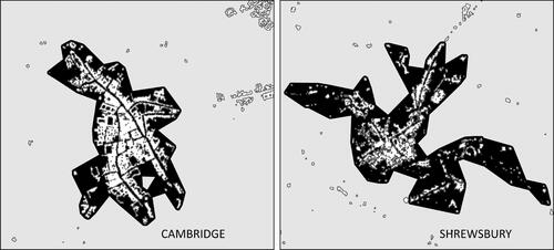 Figure 10. From BUA to urban footprints, the example of Cambridge and Shrewsbury – 200 m contiguity threshold.