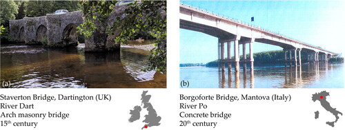 Figure 5. The selected structures for the case study: (a) Staverton Bridge in the UK; (b) Borgoforte Bridge in Italy.
