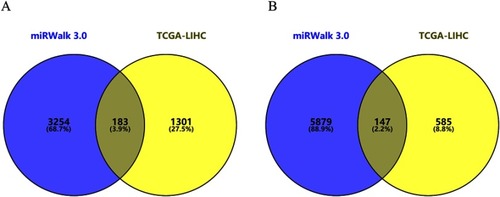 Figure 4 Venn diagram of target genes of FOXP4-AS1. (A) Upregulated target genes; (B) downregulated target genes.
