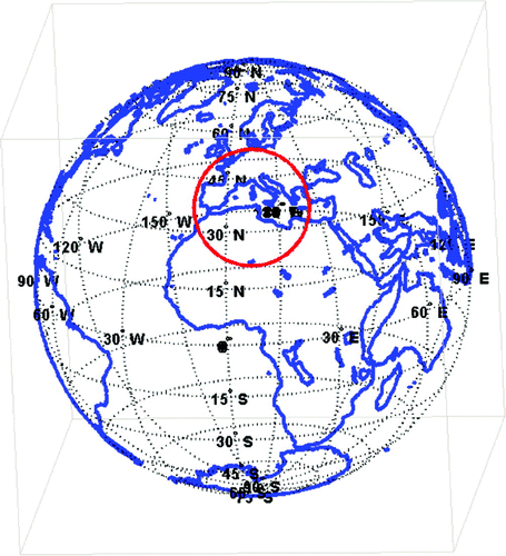 Figure 5. The geographic region under study (circle) which is a spherical cap centred at the point with longitude 10∘W and latitude 34∘N.