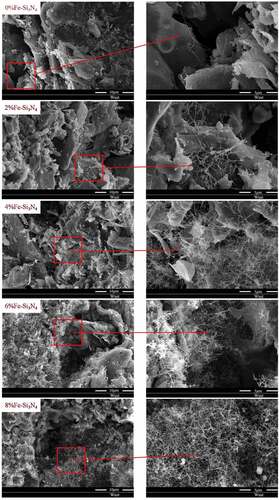 Figure 7. Scanning electron microscopy images of the samples with different Fe-Si3N4 contents.