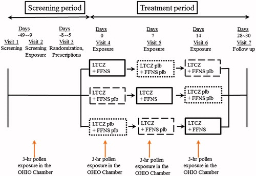 Figure 1. Study protocol. Subjects were randomized to receive either levocetirizine (LCTZ) (5 mg) and fluticasone furoate (FFNS) (55 μg/each nostril), LCTZ (5 mg) and FFNS placebo, or LCTZ placebo and FFNS placebo once before going to bed on the day prior to exposure and after a 1-week washout period.