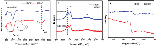Figure 3. FTIR analysis (a) and Raman spectra (b) and EPR (c) of SDBC and BSDBC.
