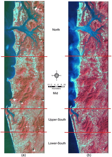 Figure 2.  Two Landsat images shown with a band 4, 3, 2 combination as RGB: (a) Landsat TM image of 2002 representing the pre-tsunami period, and (b) Landsat ETM+ of 2004 representing the post-tsunami period (Courtesy of NASA and University of Maryland Data Repository). (Available in colour online).