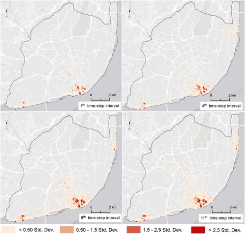 Figure 3. Spatial distribution of city tourists in Lisbon based on Flickr data. The figure shows Flickr-based estimates of visitors in each specific area (grid cell) by year (2007, 2010, 2014, and 2017).