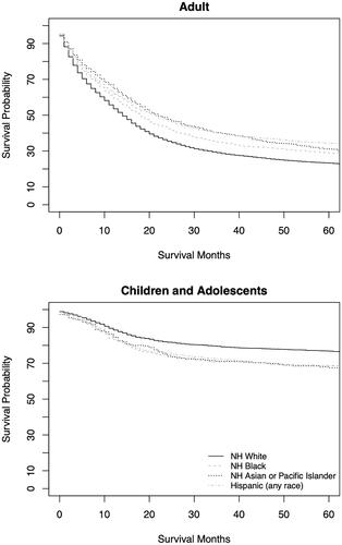 Figure 1. Kaplan–Meier curve illustrating survival probabilities for adults and children/adolescents diagnosed with brain tumours from 2007 to 2016 by race/ethnicity over time in survival months.