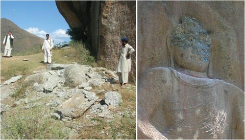 Figure 4. Left: Rubble at the base of the damaged Jahanabad Buddha, September 2007. Right: The destroyed face of the Buddha, September 2007. Source: Directorate of Archaeology and Museums KPK.