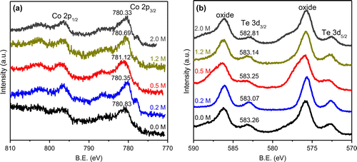 Figure 6. High-resolution XPS spectra of (a) Co 2p and (b) Te 3d for CoTe2 samples synthesized at Te/Co molar ratio of 2 with different NaOH concentrations.
