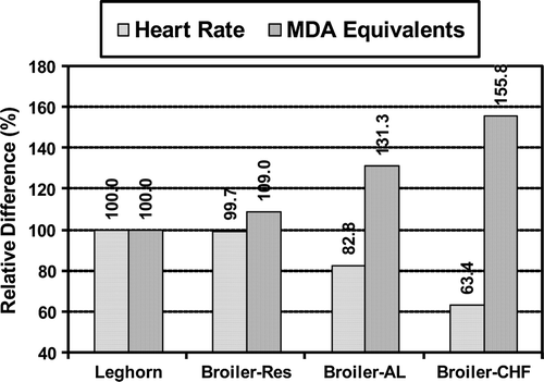 Figure 3.  Relative heart rate and level of MDA equivalents in feed-restricted slow-growing broilers (Broiler-Res, low risk of heart failure), ad libitum fed fast-growing broilers (Broiler-AL, high risk of heart failure) and broilers with CHF (Broiler-CHF), expressed on a percentage basis of Leghorn chickens (Leghorn, resistant to heart failure).