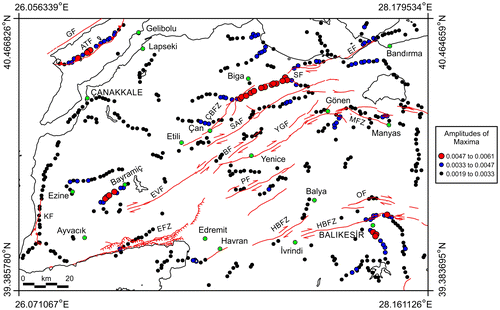 Figure 12. Maxspot map showing the locations of the maximum horizontal gradient amplitudes. The overlapped active faults in Biga Peninsula are modified after Duru et al. (Citation2012). The overlapped faults in Gelibolu Peninsula are modified after Yaltırak et al. (Citation2000). Black lines show coastline. Abbreviations used for the faults are given in Figure 5.