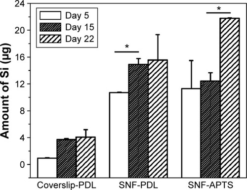 Figure 5 ICP-AES analysis of dissolved silicon from the coverslip-PDL, SNF-PDL, and SNF-APTS substrates immersed in PBS at 37°C up to 22 days (*P<0.01).Notes: Unshaded, Day 5; dense shade, Day 15; and light shade, Day 22.Abbreviations: SNF, silica nanofiber; ICP-AES, inductively coupled plasma atomic emission spectroscopy; coverslip-PDL, poly-d-lysine-treated coverslip; SNF-PDL, poly-d-lysine-treated silica nanofiber; SNF-APTS, (3-aminopropyl) trimethoxysilane-modified silica nanofiber; PBS, phosphate-buffered saline.