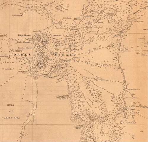 Figure 1. Coral Sea and Great Barrier Reefs, shewing the Inner/Outer routes to Torres Strait, 1860, chart produced by the Hydrographical Office of the Admiralty in the year after Queensland’s separation from the colony of New South Wales, with details of the Great Barrier Reef shown as an offset line following the profile of the coastline, and the Torres Strait Islands located to the north of the Reef fanning out from the Cape York Peninsula towards New Guinea, courtesy of Queensland State Archives, 631235