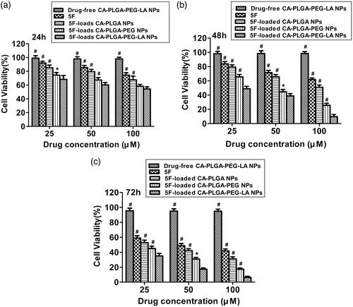 Figure 5. Cell viability of HepG2 treated with drug-free CA-PLGA-PEG-LA NPs, 5 F and 5 F-loaded NPs, respectively. (a) 24 h, (b) 48 h and (c) 72 h. The dosage of 5 F is same in the same group. The amount of drug-free CA-PLGA-PEG-LA NPs was the same as that of the NPs. *p < .05 and #p < .01 indicate significant difference compared with 5 F-loaded CA-PLGA-PEG-LA NPs.