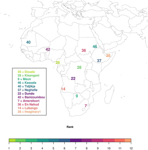 Fig. 11. Optimal locations to situate new atmospheric monitoring sites to an existing network to reduce the overall uncertainty of CO2, CH4, and N2O fluxes from terrestrial Africa, where 2012 has been taken as a representative year, following approach 2, which optimised over the three gases simultaneously. Sites are coloured according to the rank in the optimal design, with light green sites representing the site with the largest uncertainty reduction and which is the first site added to the network.
