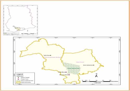 Figure 2. Map showing the location of Abrafo-Odumase and Mfuom in the Kakum Conservation Area.