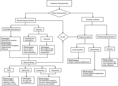 Figure 2 The treatment of dysmenorrhea and their advantages and disadvantages.Citation4,Citation20,Citation21