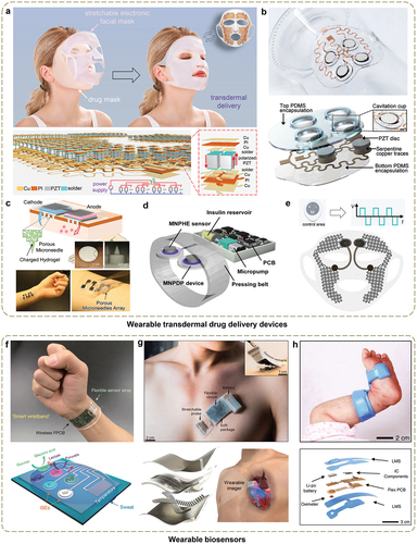 Figure 10. Representative applications of wearable TDD devices and biosensors. a) a stretchable electronic facial mask for sonophoresis [Citation238]. b) a conformable ultrasound patch for cavitation-enhanced transdermal cosmeceutical delivery [Citation239]. c) Solid polymer-based ion-conductive porous microneedles for improving iontophoresis [Citation38]. d) a biomimetic microneedle theranostic platform for intelligent and precise management of diabetes [Citation157]. e) a stretchable electronic facial mask for skin electroporation [Citation237]. f) Fully integrated wearable sensor arrays for multiplexed in situ perspiration analysis [Citation245]. Top: photograph of the wearable device on a subject’s wrist, integrating the sensor array and the wireless flexible printed circuit board (FPCB). Bottom: schematic of the sensor array (including glucose, lactate, potassium, sodium and temperature sensors). g) Wearable ultrasound systems. Top: a fully integrated wearable ultrasound system to monitor deep tissues in moving subjects [Citation242]. Bottom: a wearable cardiac ultrasound imager [Citation241]. h) Skin-interfaced biosensors for wireless physiological monitoring in neonatal and pediatric intensive-care units [Citation244]. Top: placement of a soft, wireless limb unit on a neonate at the ankle-to-base of the foot. Bottom: exploded-view illustration of the limb unit. IC: integrated circuit; Li-po: lithium polymer battery; LMS: low-modulus silicone; PCB: printed circuit board.