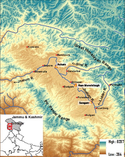 Figure 1. Location map of the study area. Showing major settlements (filled dots), gauge stations (shown as triangles) located along Jhelum River and major drainage (thick line) overlaid over elevation data (background image).