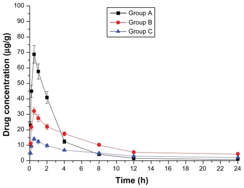 Figure 6 Drug concentration–time curve of the kidney (Group A: intragastric ligustrazine; Group B: transdermal ligustrazine ethosome patch; Group C: conventional transdermal ligustrazine patch).