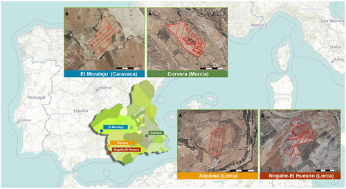 Figure 1. (Left) Map of the area framed for the LIFE AMDRYC4 pilot project (LIFE16 CCA/ES/000123). (Right) Areas selected for the intervention and sampling were located in the region of Murcia (SE Spain).