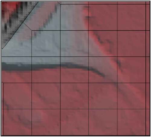 Figure 1. RasMapper representation of 2-m sub-grid DEM and 25-m mesh cell size of HEC-RAS 2D(adapted from Brunner Citation2016).