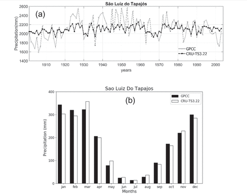 Figure 4. (a) Annual precipitation time series and (b) monthly precipitation climatology over São Luiz do Tapajós basin.