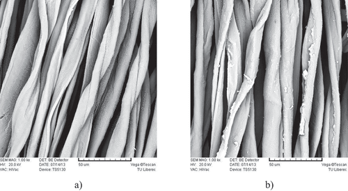 Figure 1. Cotton yarn fiber surface (a) before HPHO treatment and (b) after HPHO treatment (note: yarns before the weaving process).