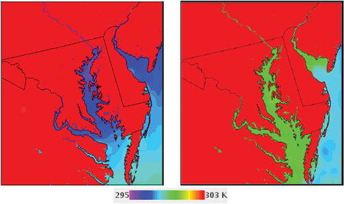 Figure 14. Left, skin temperature (K) field using the NAM 12-km data. Right – skin temperature (K) field using the GHR-SST 1-km data. From Appel (Citation2014).