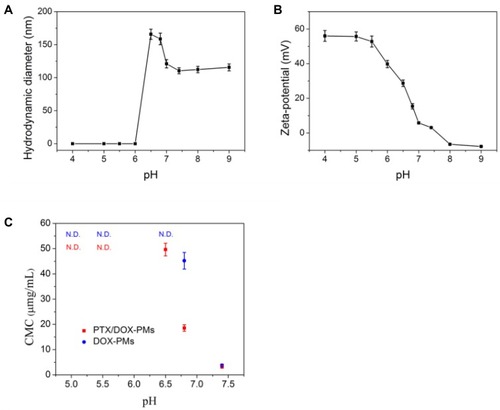 Figure 3 Particle size (A) and zeta potential (B) of PTX/DOX-PMs incubated in PBS solutions with different pH values for 4 h (n = 3, mean ± SD). CMC values (C) of DOX-PMs ad PTX/DOX-PMs in PBS solutions with different pH values (n = 3, mean ± SD).Abbreviations: DOX-PMs, doxorubicin-loaded polymeric micelles; PTX/DOX-PMs, paclitaxel and doxorubicin-loaded polymeric micelles; PBS, phosphate buffer solution; CMC, critical micelle concentration; ND, not detectable.