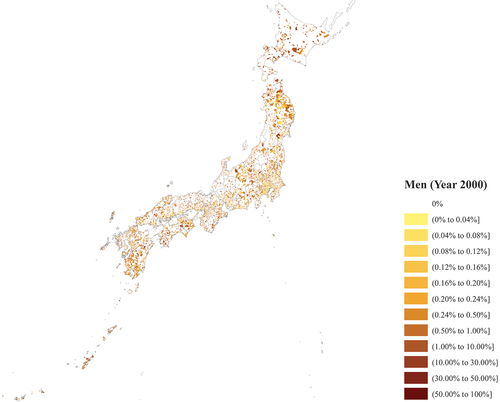 Figure 3. The ratio of people over 15 years old who did not graduate elementary school per capita by prefecture level.