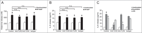Figure 6. Effect of TLR2 and TLR4 neutralizing antibodies on HP-NAP-induced histamine and IL-6 release from HMC-1. HMC-1 cells were pretreated with 10 μg/mL of either anti-TLR2, anti-TLR4, or mouse IgG2a isotype antibodies at 37°C for 1 h. Then, the cells were stimulated with 1 μM HP-NAP at 37°C for 30 min or 16 h for measurement of histamine release (A) or IL-6 release (B), respectively, or stimulated with 10 μg/mL Pam3CSK4 or 10 μg/mL E. coli LPS at 37°C for 16 h for measurement of IL-6 release (C). Release of histamine and IL-6 from HMC-1 cells was determined as described in Figure 3. Data were represented as the mean ± SD of 3 independent experiments. *P < 0.05 as compared with unstimulated cells in each group; #P < 0.05 as compared with Pam3CSK4-stimulated cells in the isotype control group; †P < 0.05 as compared with LPS-stimulated cells in the isotype control group; n.s., non-significant.