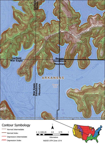 Figure 14. Comparison of US Topo contours at the intersection of four quadrangles in the Interior Highlands. Background imagery is the legacy 7.5’ topography. Source data for the western quadrangles, and the western part of the eastern quadrangles are lidar-derived DEMs, while the eastern sides of the eastern quadrangles were produced from 10 meter DEMs derived from digitization of legacy contours.