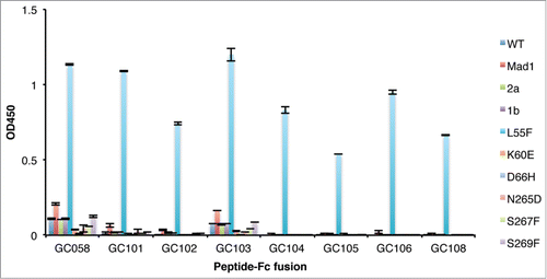 Figure 5. Detection of VLP variants by Fabs. ELISAs were performed with 10 μg/ml of Fab proteins using plates coated with 1 μg/ml of the indicated VLPs. ELISA signals are presented as mean values ± SD from 2 independent measurements.