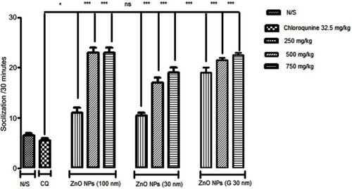 Figure 4 Socialization response of mice with CQ and effect of ZnO NPs (100, 30 nm and G 30 nm) at various oral doses.Abbreviations: N/S; normal saline, CQ, Chloroquine; ZnO NPs, Zinc oxide nanoparticles; G, Green synthesized.